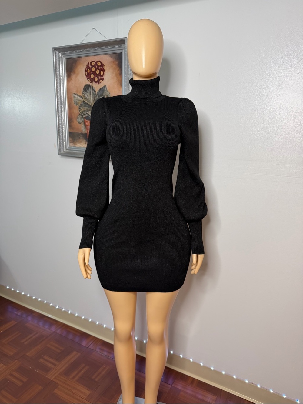 Black Turtleneck Puff-Sleeve Bodycon Dress